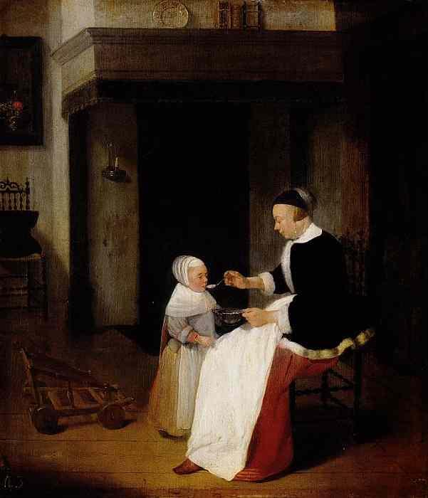 Quiringh van Brekelenkam: Frau, ein kleines M&auml;dchen f&uuml;tternd, um 1661