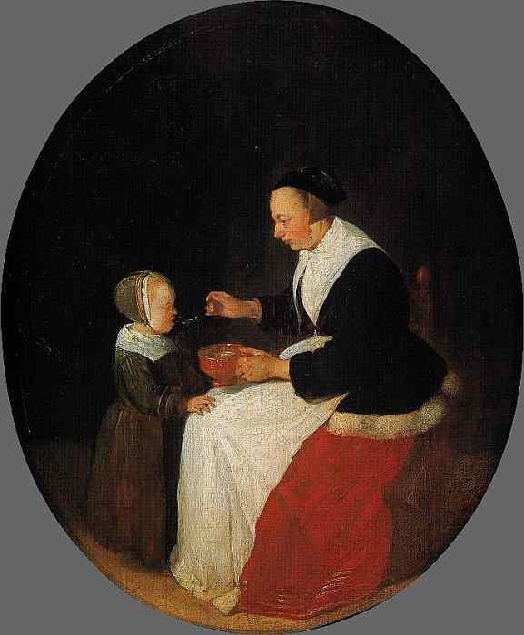 Quringh van Brekelenkam: Mutter, ihr Kind f&uuml;tternd, um 1661