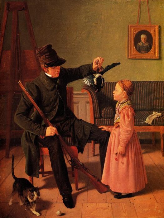 Constantin Hansen: Ein J&auml;ger zeigt einem kleinen M&auml;dchen seine Beute, 1832