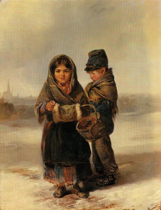 Johann Matthias Ranftl: Zwei Kinder, mit Schwefelh&ouml;lzern hausierend, an der verschneiten Favoriten-Linie, 1852