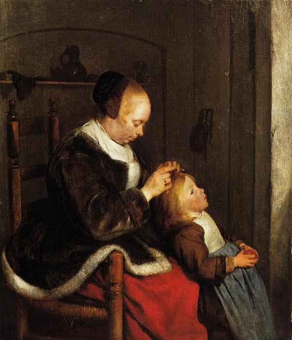 Gerard Terborch: Mutter, die ihr Kind k&auml;mmt, um 1652/53