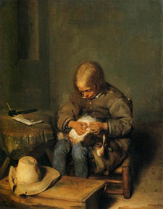 Gerard Terborch: Ein Knabe fl&ouml;ht seinen Hund, um 1655