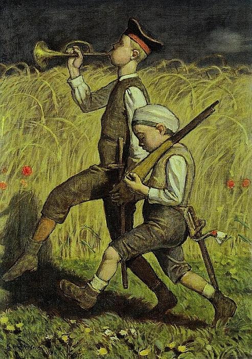 Ernst W&uuml;rtenberger: Soldaten spielende Kinder, 1920
